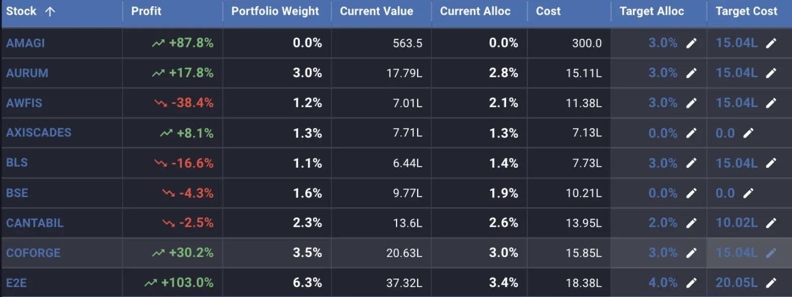 Rows from AMAGI to E2E, with E2E's Profit at +103.0%, Portfolio Weight at 6.3% well above its Current Alloc of 3.4% and Target Alloc of 4.0%
