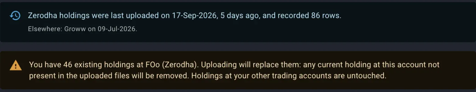 The upload dialog's warning that the trading account already has holdings and the upload will replace them, above the note of when holdings were last uploaded